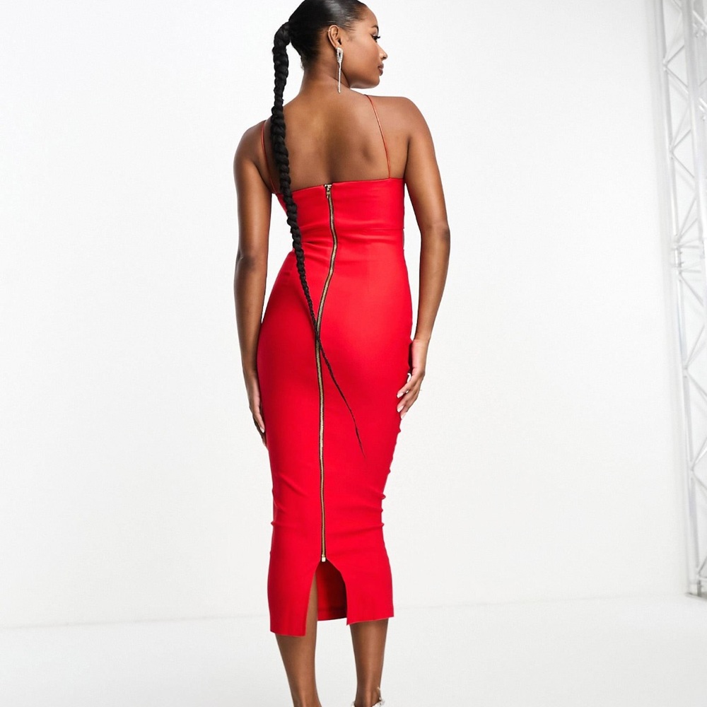 Vesper Petite asymmetric halterneck midi cut out dress in red